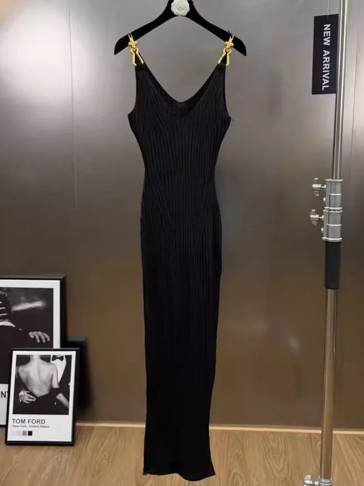 DFDG Vestido camisola de punto acanalado negro amarillo de primavera para mujer Vestido largo sin mangas Casual Diario 2025 Vestido de moda femenina de moda