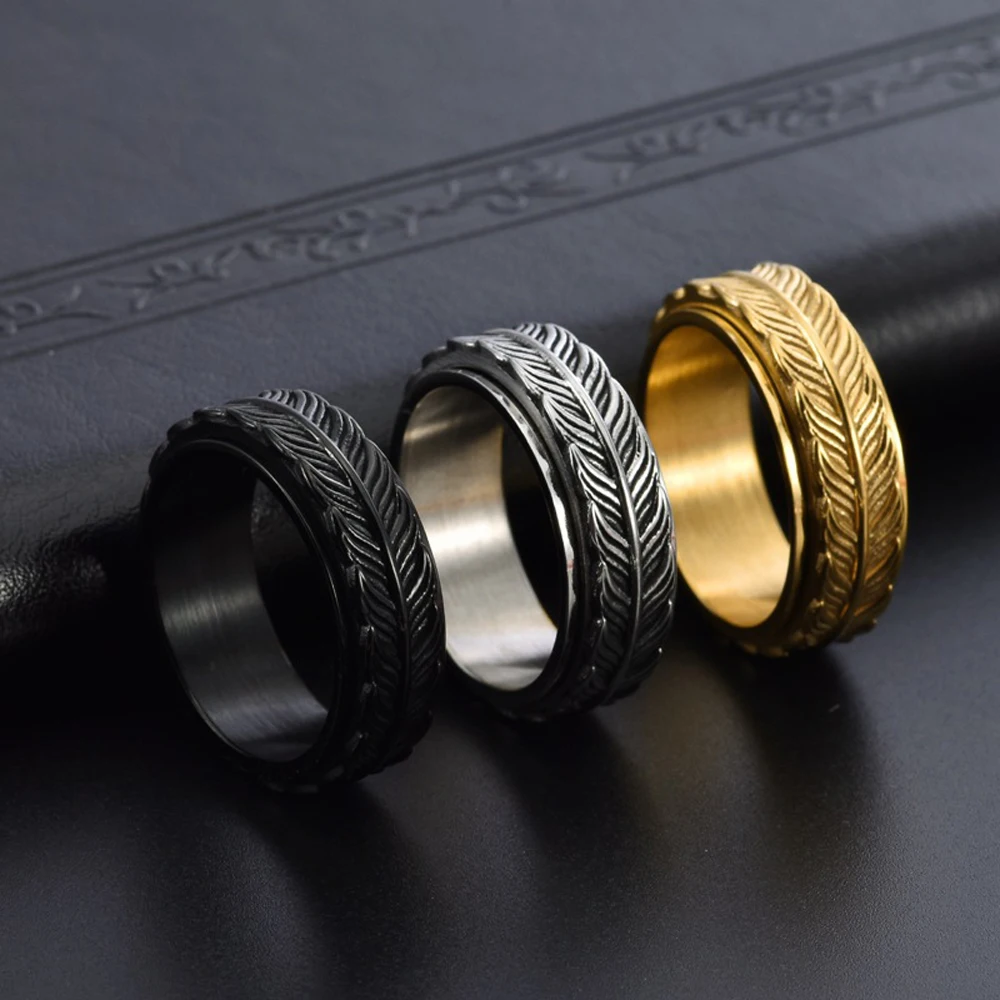 Herren Rotierender Koi-Fischschwanz-Ring aus Titanstahl, Vintage-Stil, vergoldet, Angstlinderung, Schmuck, drehender wasserdichter Ring – Detail 7