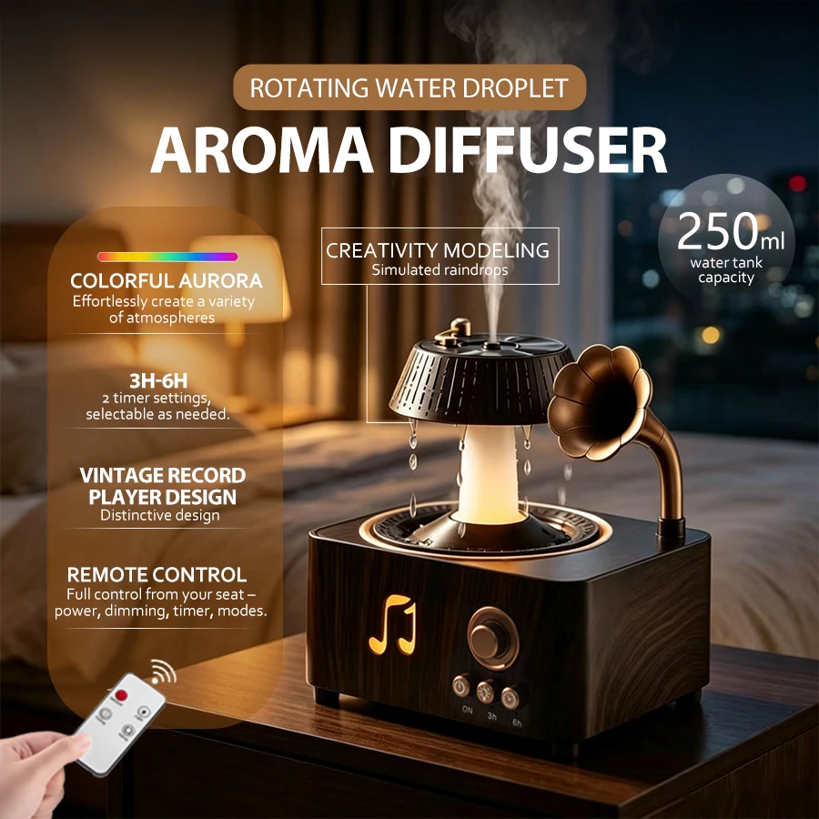 Raindrop Aroma Humidifier, 7 Color Light, 250ml, 3-6H Timer, Essential Oil Diffuser, VVintage Gramophone Decor