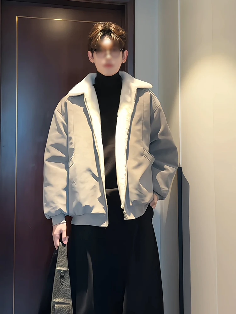 Grey Lamb Velvet Jacket Men's Winter Thickened Flap Collar Cotton Clothes Warmth Integrated Leather Fur Coat Youth Casual Style