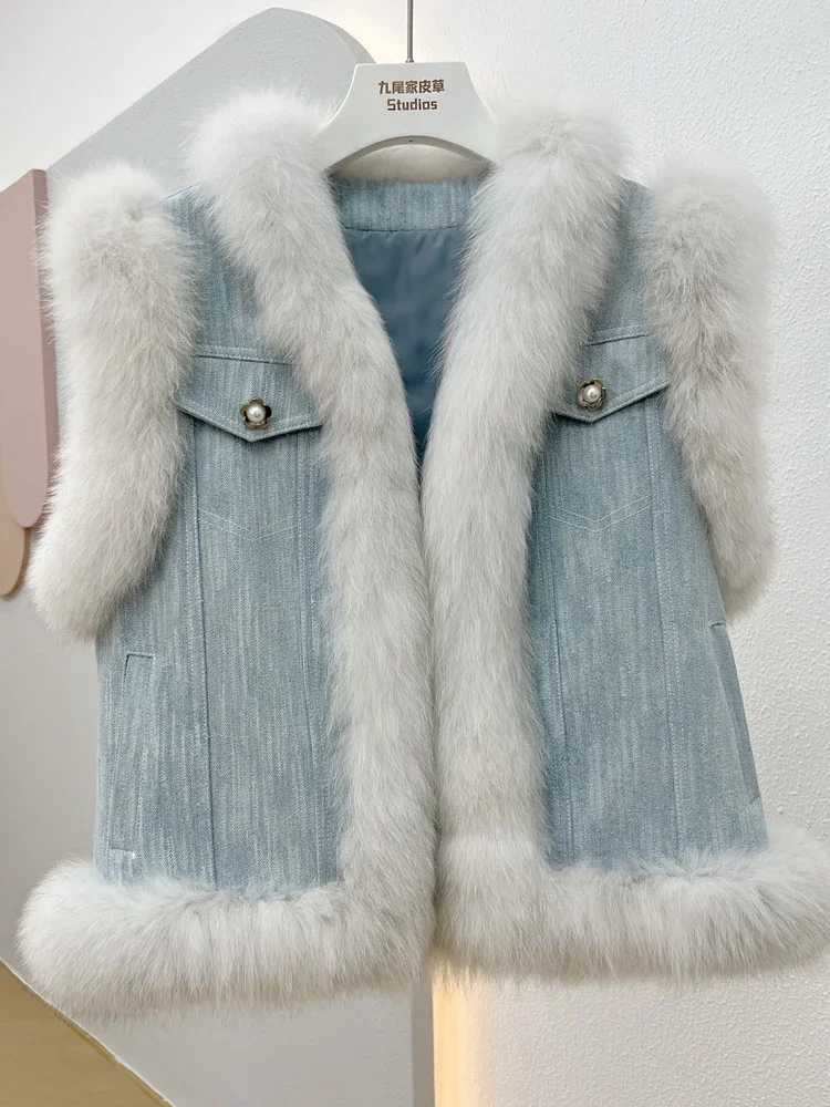 Short Denim Splicing Vest Real Fox Fur Coat Female Young 2023 Autumn Winter New Fur Fluffy Thick Warm Sleeveless Women's Clothes