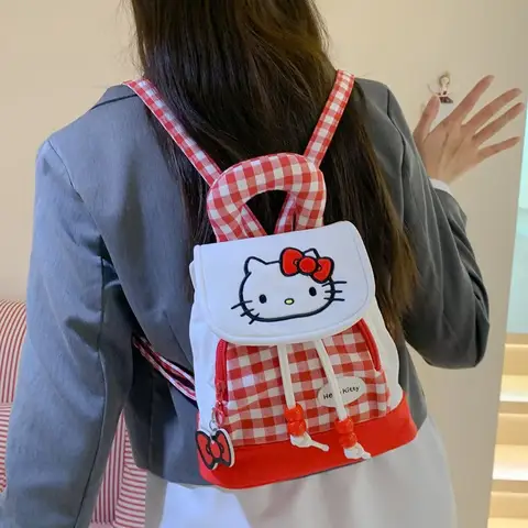 Mochila de Hello Kitty, bolsa de almacenamiento con cordón de dibujos animados Kawaii, Mini mochila escolar bonita Sanrio, regalos de cumpleaños de rejilla roja para niñas