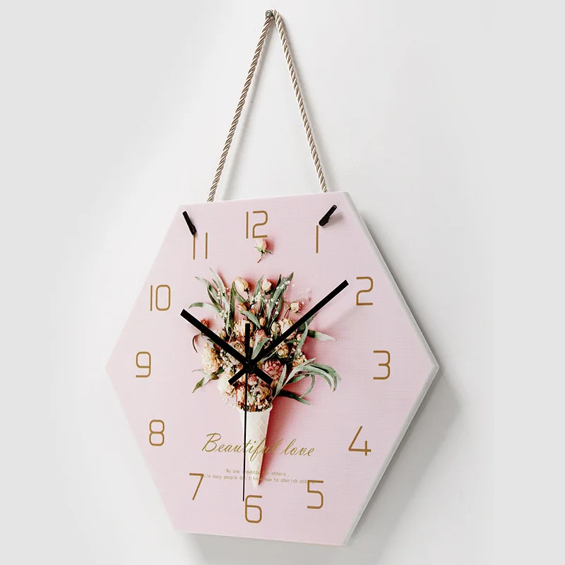 Rustic 12inch Large  Pentagon Pink  Non-Ticking Silent Antique Wood Wall Clock for Home Decor