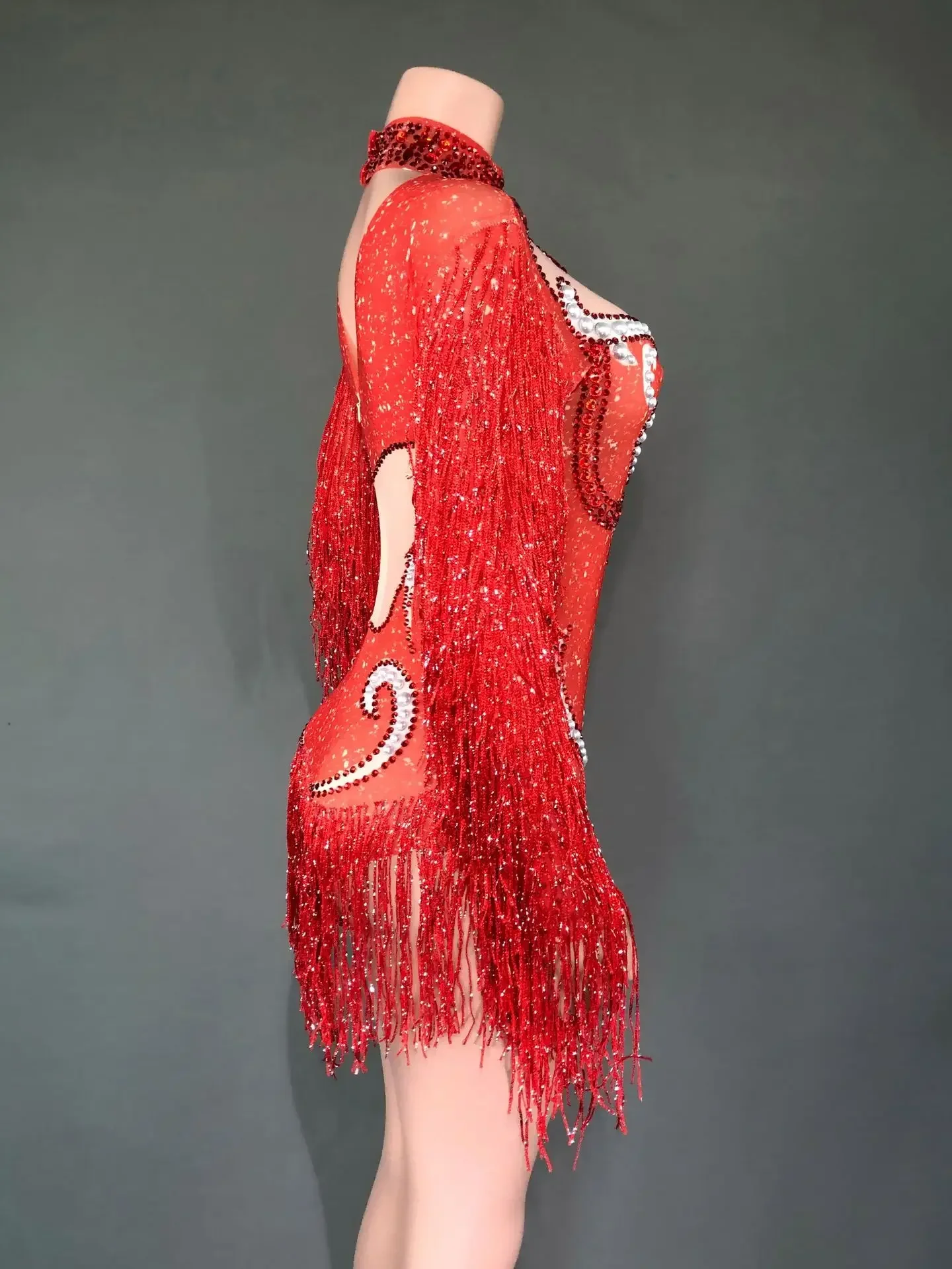 Neues Tanzkostüm für Frauen, Geburtstagsparty-Outfit, Luxuriöser Grauer Fransen-Body mit Silberfarbenen Strasssteinen und Perlen, Transparenter Bodysuit – Detail 18