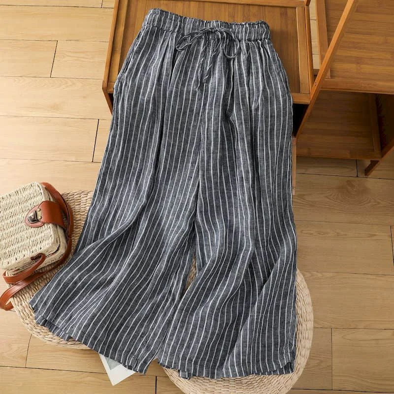 

Прямые брюки для женщин, полосатые свободные повседневные винтажные летние тонкие брюки в корейском стиле в стиле Харадзюку с эластичной резинкой на талии, широкие брюки
