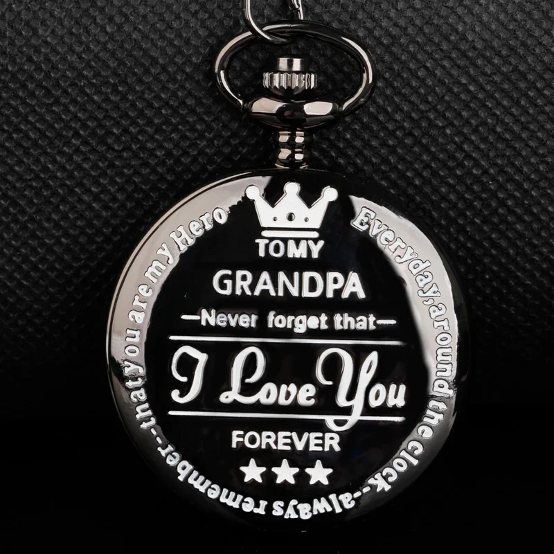 Black Quartz Pocket Watch Necklace "I Love You Grandpa"Gift Roman Numeral Dial Chain Clock Simple Style Direct Sales Product