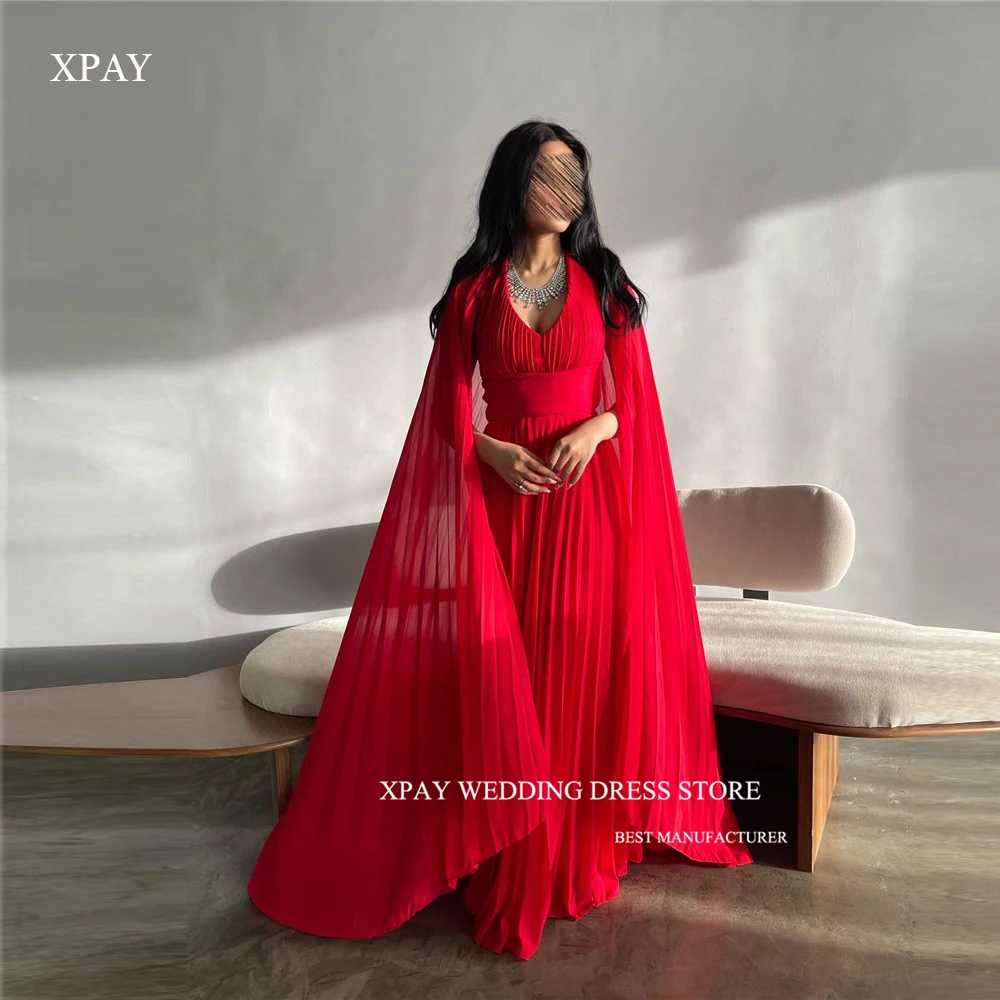 

XPAY Red Draped Chiffon Evening Dresses Saudi Arabic Women V Neck Long Cape Sleeves Floor Length Prom Gowns Formal Party Dress