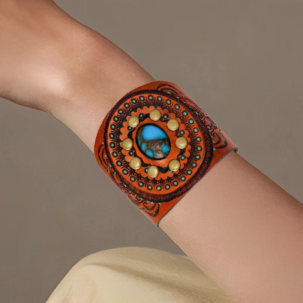 Retro genuine cowhide bracelet, large turquoise leather embossed totem symbol bracelet