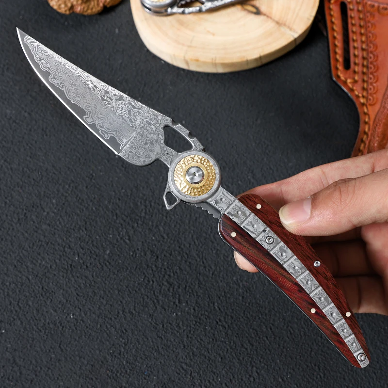 High-quality VG10 Damascus steel pocket folding knife, ideal for outdoor hunting, camping, and EDC use, as well as for survival
