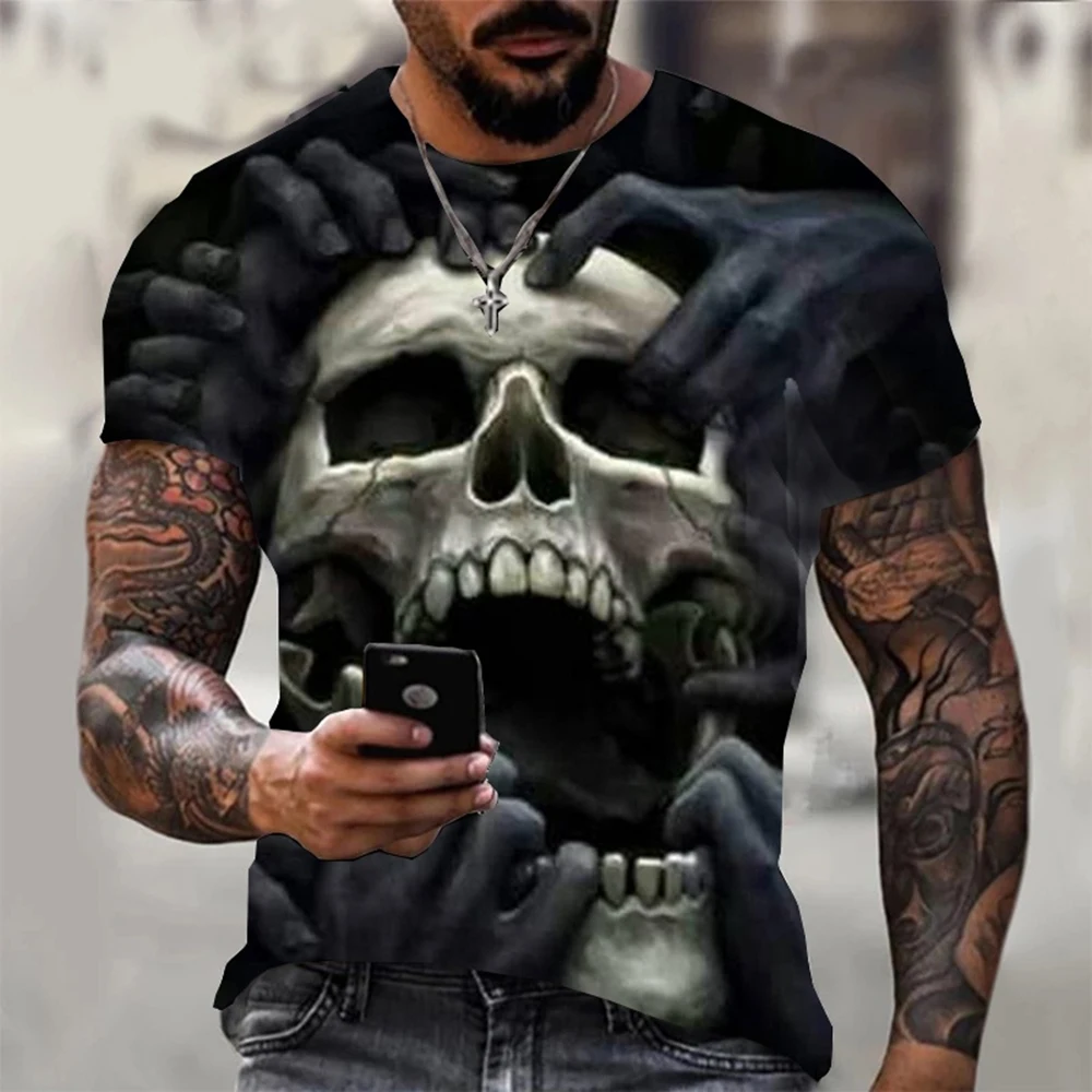 Men Gothic Skull Graphic T‑Shirt Horror Screaming Face 3D Print Short Sleeve O‑Neck Punk Tees