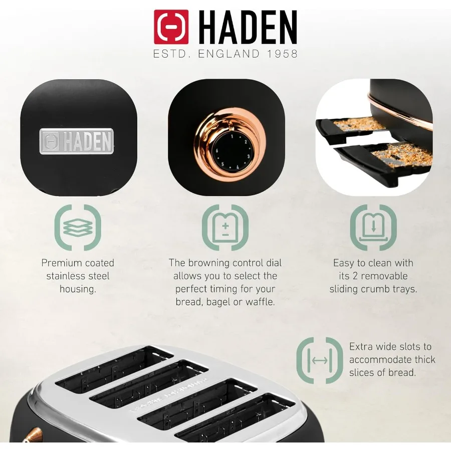 محمصة خبز من الفولاذ المقاوم للصدأ ذات فتحة واسعة مكونة من 4 شرائح مع غلاية مياه كهربائية من الفولاذ المقاوم للصدأ سعة 1.7 لتر من النحاس الأسود #6