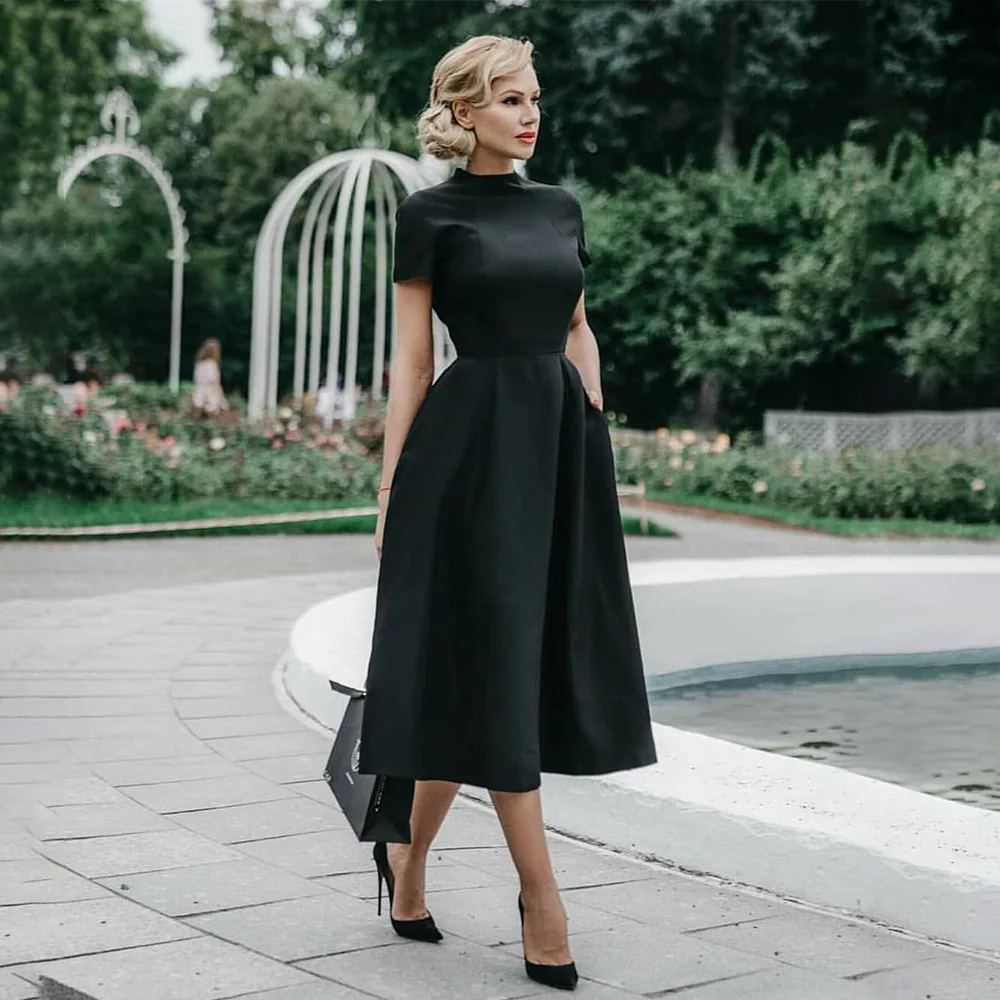 Women Elegant Black Dress Half High Collar High Waist A-Line Dresses Slim Fit Midi Dress Office Lady Female Solid Vestidos Robe