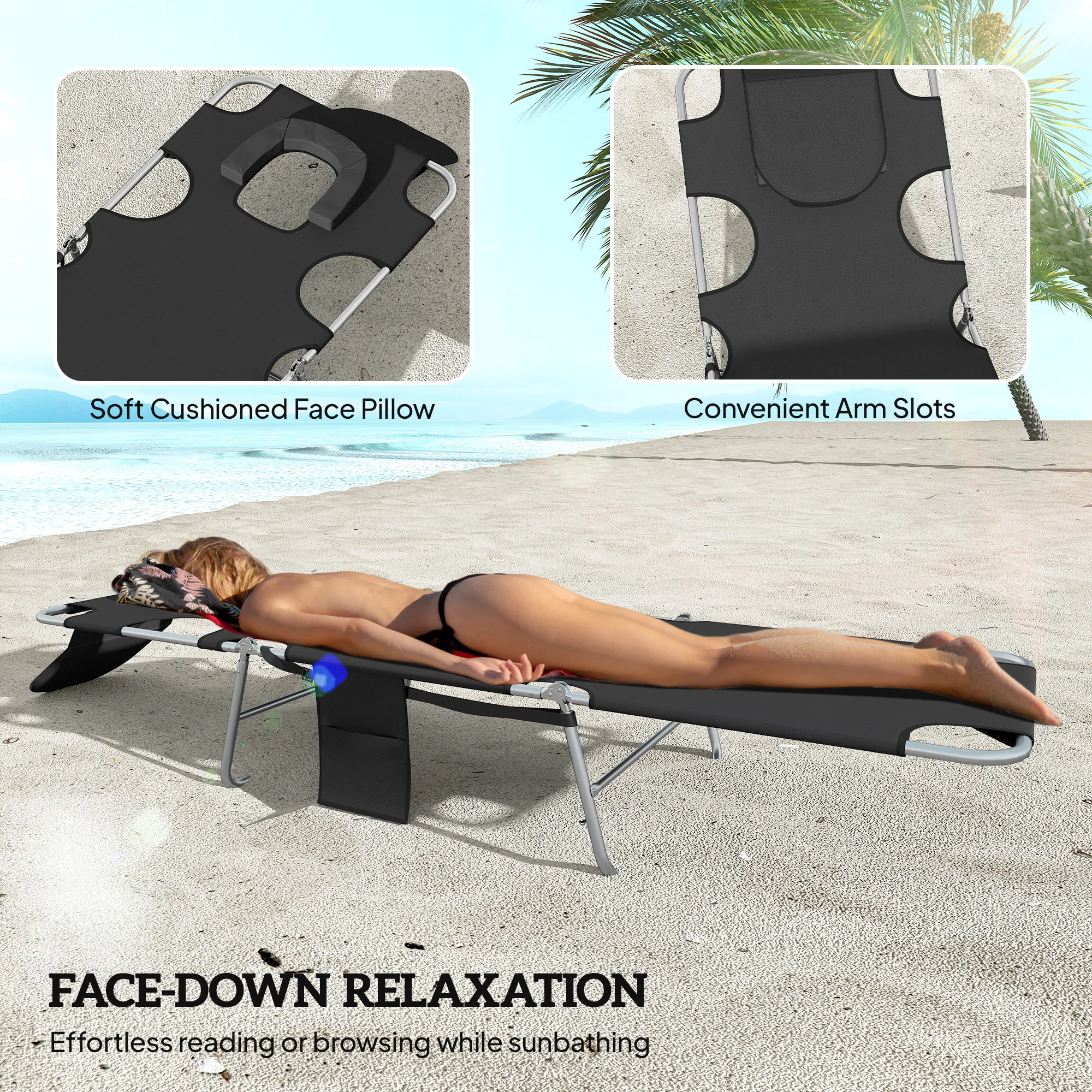 

Set of 2 Black Tanning Chairs with Face Hole 5 Level Adjustable Outdoor Chaise Lounge with Pillow Foldable for Beach Pool