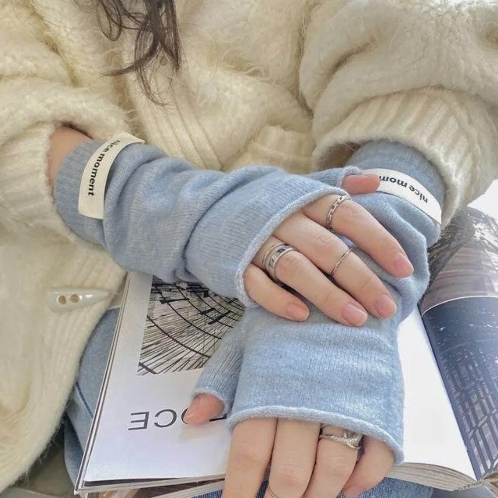 Casual Thick Warm Fingerless Knitted Gloves Soft Stretch Solid Color Arm Warmers Acrylic Fiber Faux Cashmere Hand Covers Women