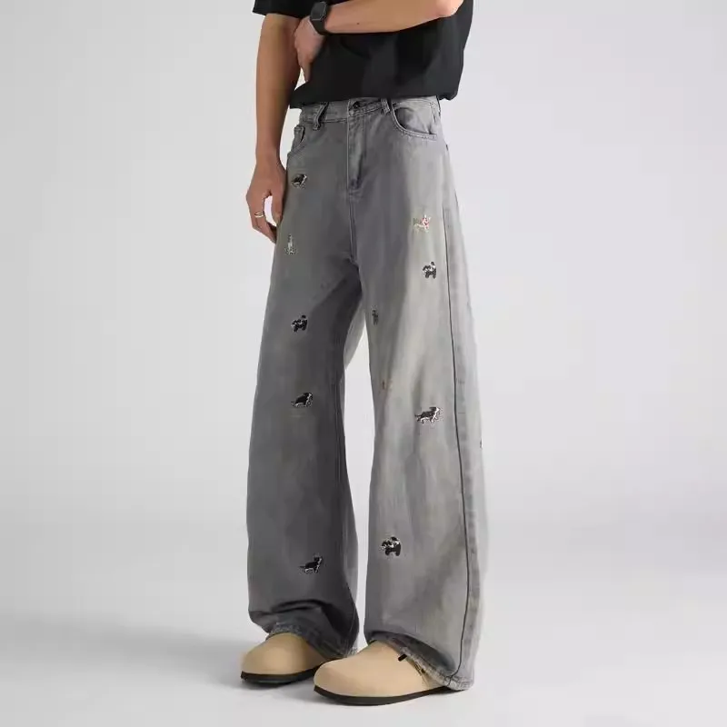 

Мужские джинсы с вышивкой в американском ретро-стиле с изображением собаки, модные, в стиле хип-хоп, свободного кроя, повседневные, длинные брюки