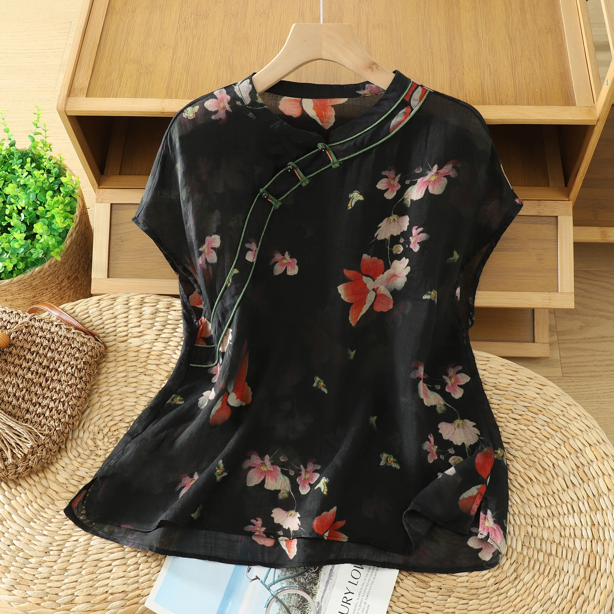 

Summer New Sle Cotton Linen Retro Versatile Slant Button irt Ethnic Sle Top Women's Regular Sve Length Thin irt