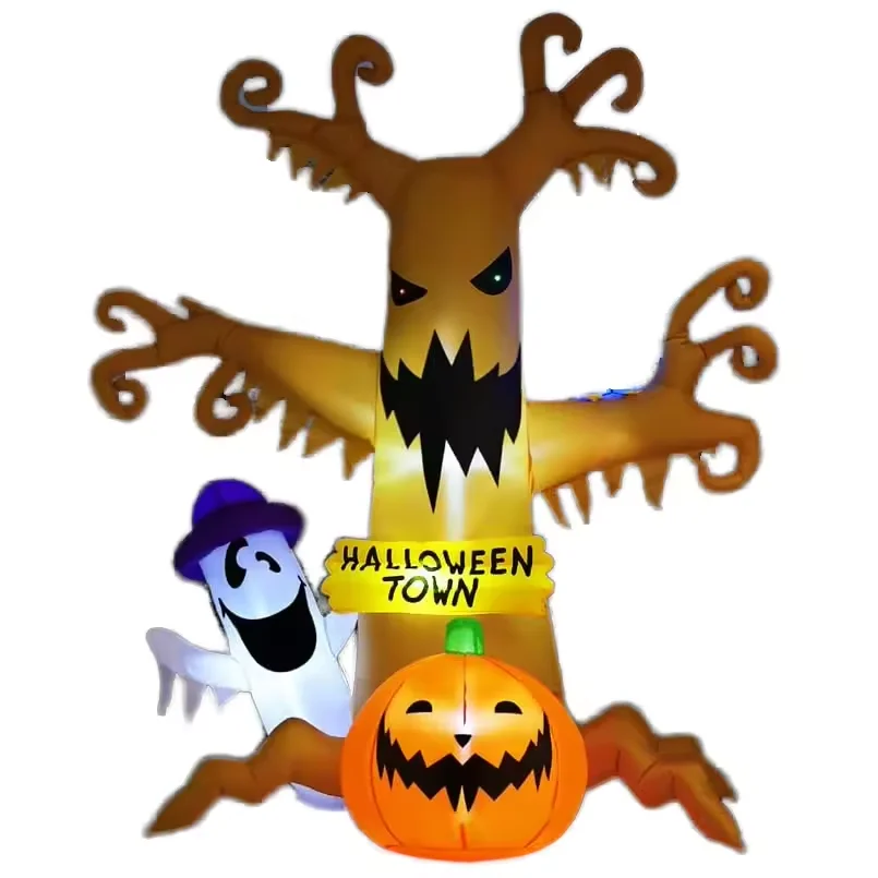 8 FT Halloween Inflatable Tree with Ghost Pumpkin and Owl, Halloween Dead Tree Decorations with LED Lights