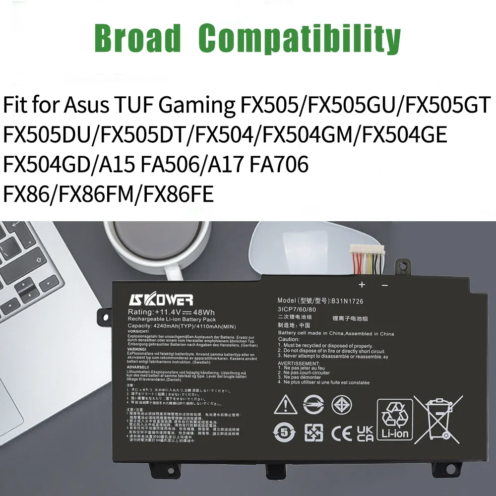 48Wh B31N1726 Battery for Asus FX80 FX86 TUF FX504 FX504G FX504GD FX504GE FX504GM FX505 FX505DT FX505DV A15 FA506IU A17 FA706