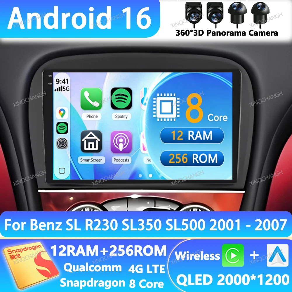 Android 16 Car Radio For  Mercedes Benz SL R230 SL350 SL500 SL55 SL600 SL65 2001 - 2007 Multimedia Video Player Head Unit QLED