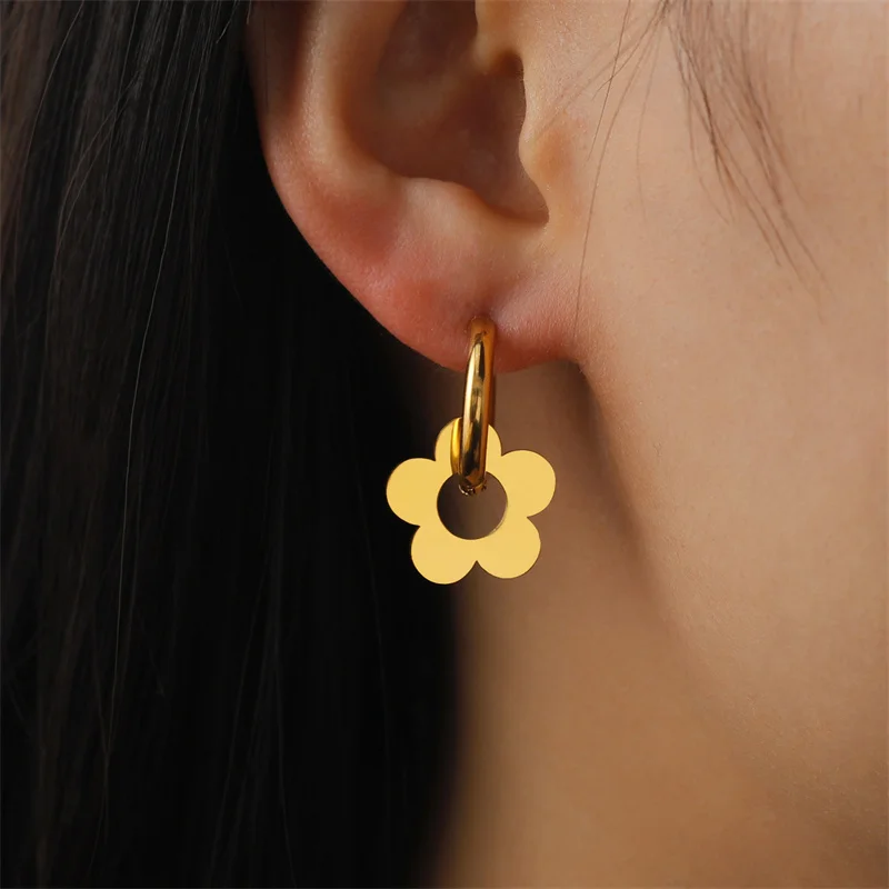 Stainless Steel Heart Flower Sun Hoop Earrings for Women Gold Color Girls Korean Elegant Circle Leaves Star Drop Earring Jewelry