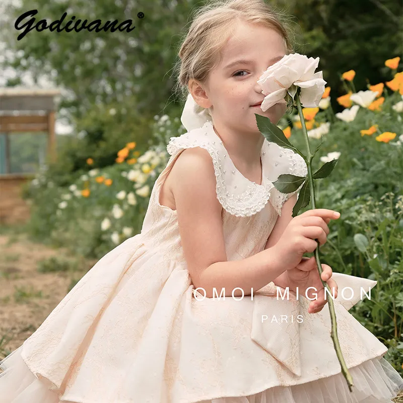 Original 2026 Summer New French Chic Elegant Baby Girls Orange-pink Princess Dress Kids Sequin Bow Mesh Hem Doll Collar Gown