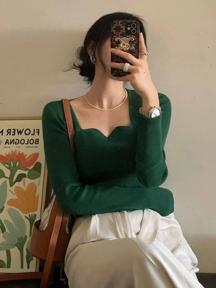 

Облегающий однотонный вязаный свитер Long Sve, женский модный французский базовый слой, внутренняя одежда с эффектом похудения