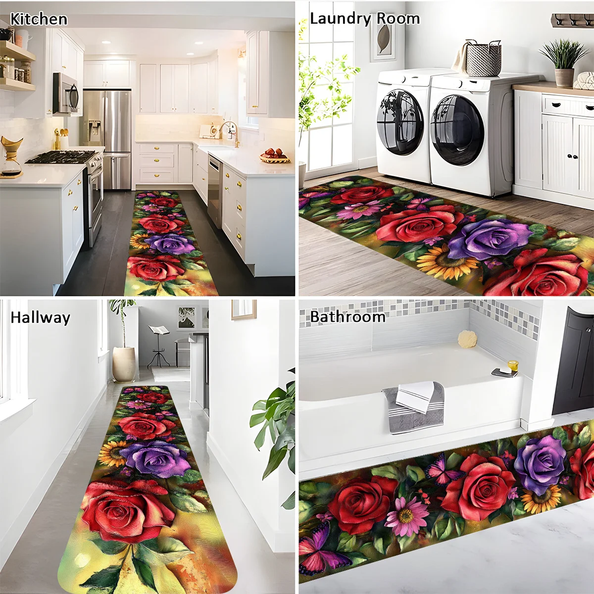 Open [1.0cm Thickness + Anti-Slip Backing] - 1pc Valentine's Day Peony Rose Runner Rug, Multi-Color Background Runner Rug, Bat