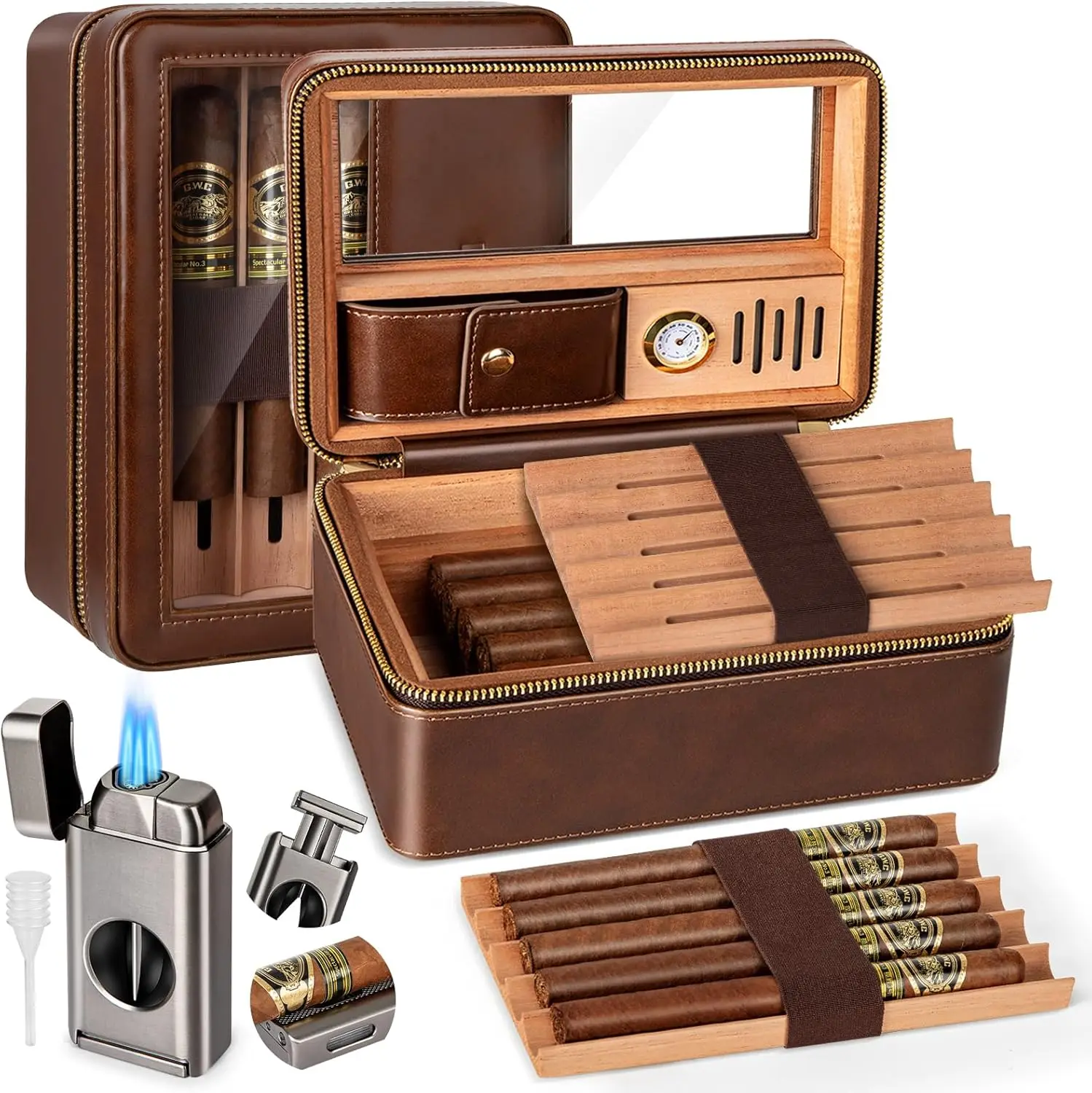 Travel Cigar Humidor,Cedar Wood Double Layer Cigar Humidor with Built-in Humidifier,Glass Top Cigar Humidor with Cigar Lighter