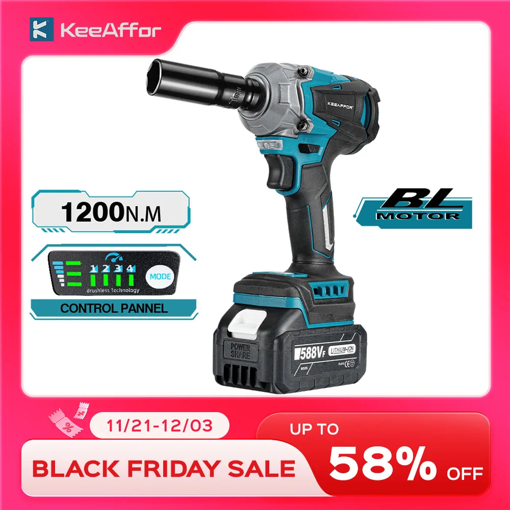 

KeeAffor 1200N.M Brushless Electric Impact Wrench 1/2Inch Cordless Electric Wrench Screwdriver Power Tool For Makita 18V Battery