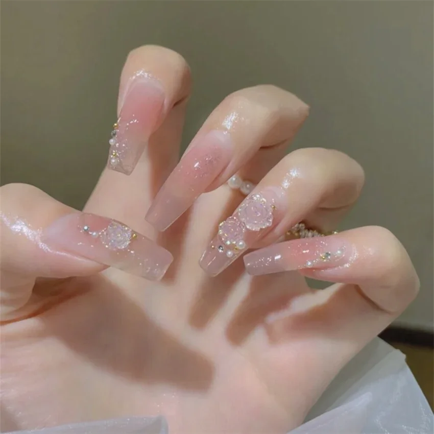 24PCS Medium Rectangular Head Ice Powder Rose Fake Nails Nude Pink Wear Press on Nail Art Tip Full Acrylic Removable False Nails