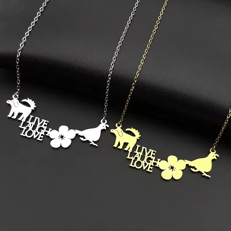 Dog Hen Flower Pendant Necklace Women Men Stainless Steel Silver Color Live Laugh Love Puppy Chicken Animal Nature Chain Jewelry