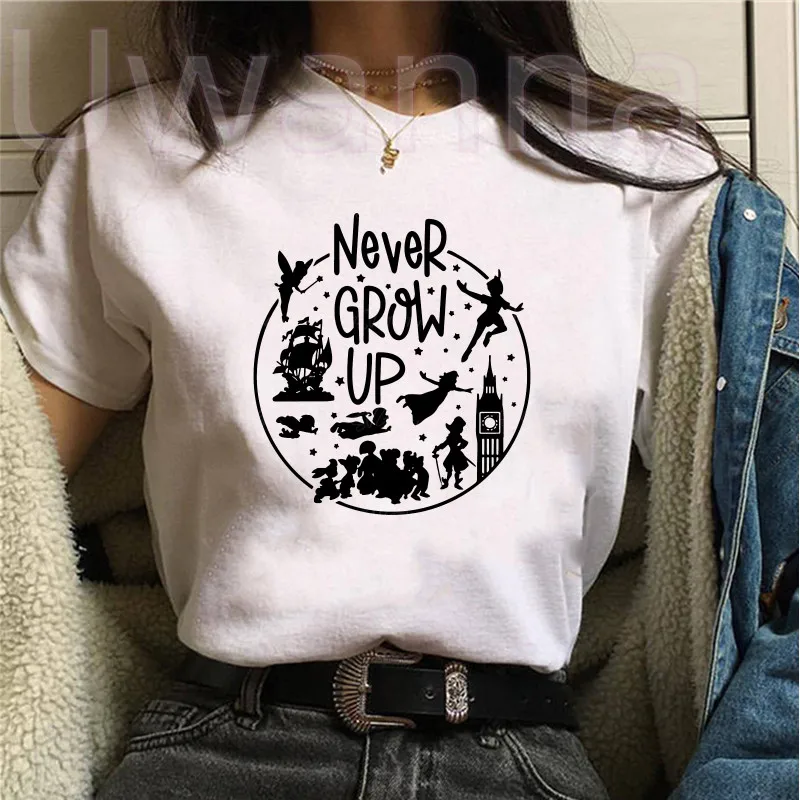 Cartoon Peter Pan T-shirt Top z nadrukiem Never Grow Up Letter T-shirt Cute Kawaii T-shirt damski Fashion Casual Vintage Tops