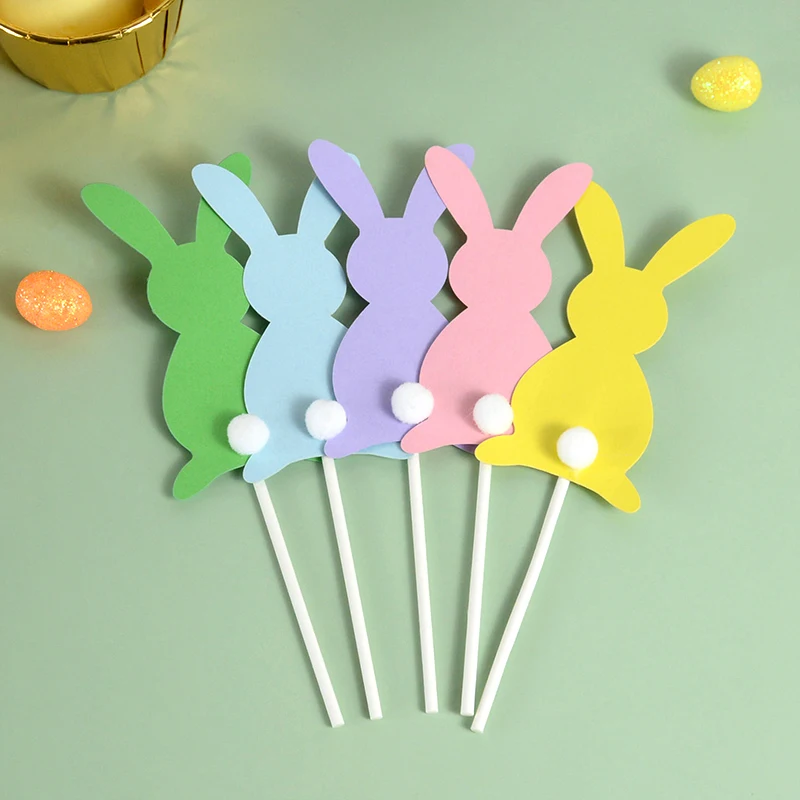 5pcs Easter Colorful Bunny Cake Toppers Cute Rabbit Skewers Cupcake Toppers Happy Easter Birthday Party Cake Decoration Supplies