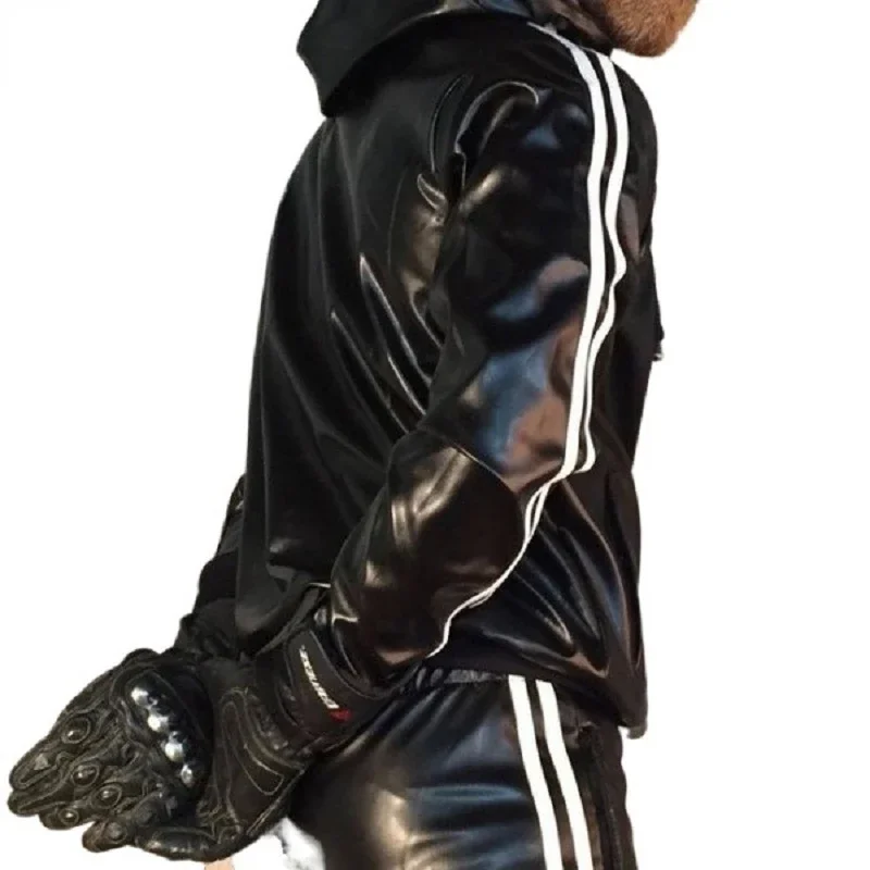 Heren Pu Lederen Gloss Wetlook Jacke Jas Hoodie Joggingpak Sportkleding Motocross Jersey En Broek