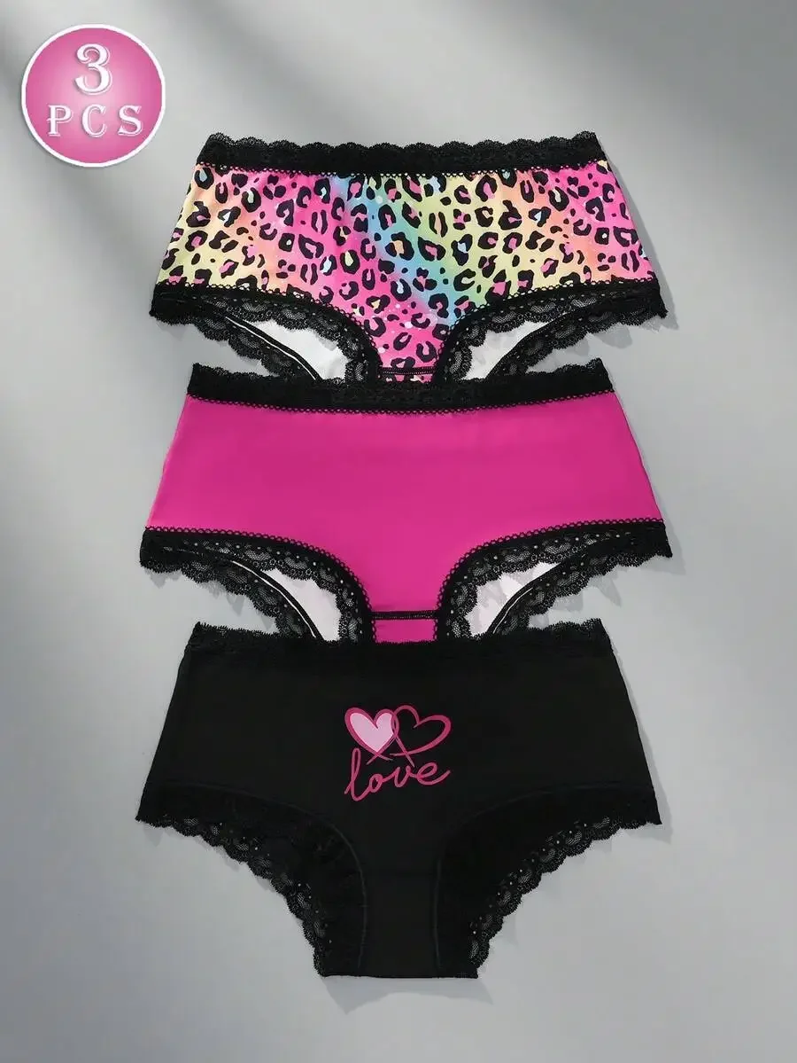 

3 Pcs Womens Lace Trim Panties Set Pink Fuchsia Leopard Print Heart Design