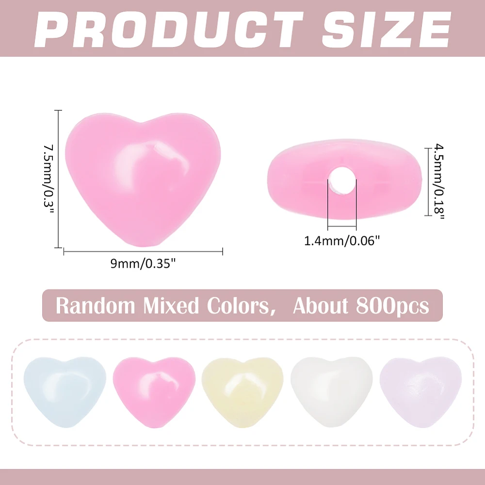 800Pcs Plastic Heart Beads Colorful Assorted Mix Spacer Beads Acrylic Heart Shape Loose Bead Bulk for Jewelry Making DIY Craft