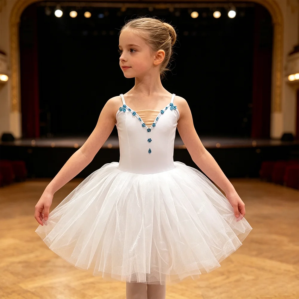 Women's Ballet Tutu Dress with Rhinestones Cute Tulle Performance High Quality Skirt for Little Swan Dance Recital