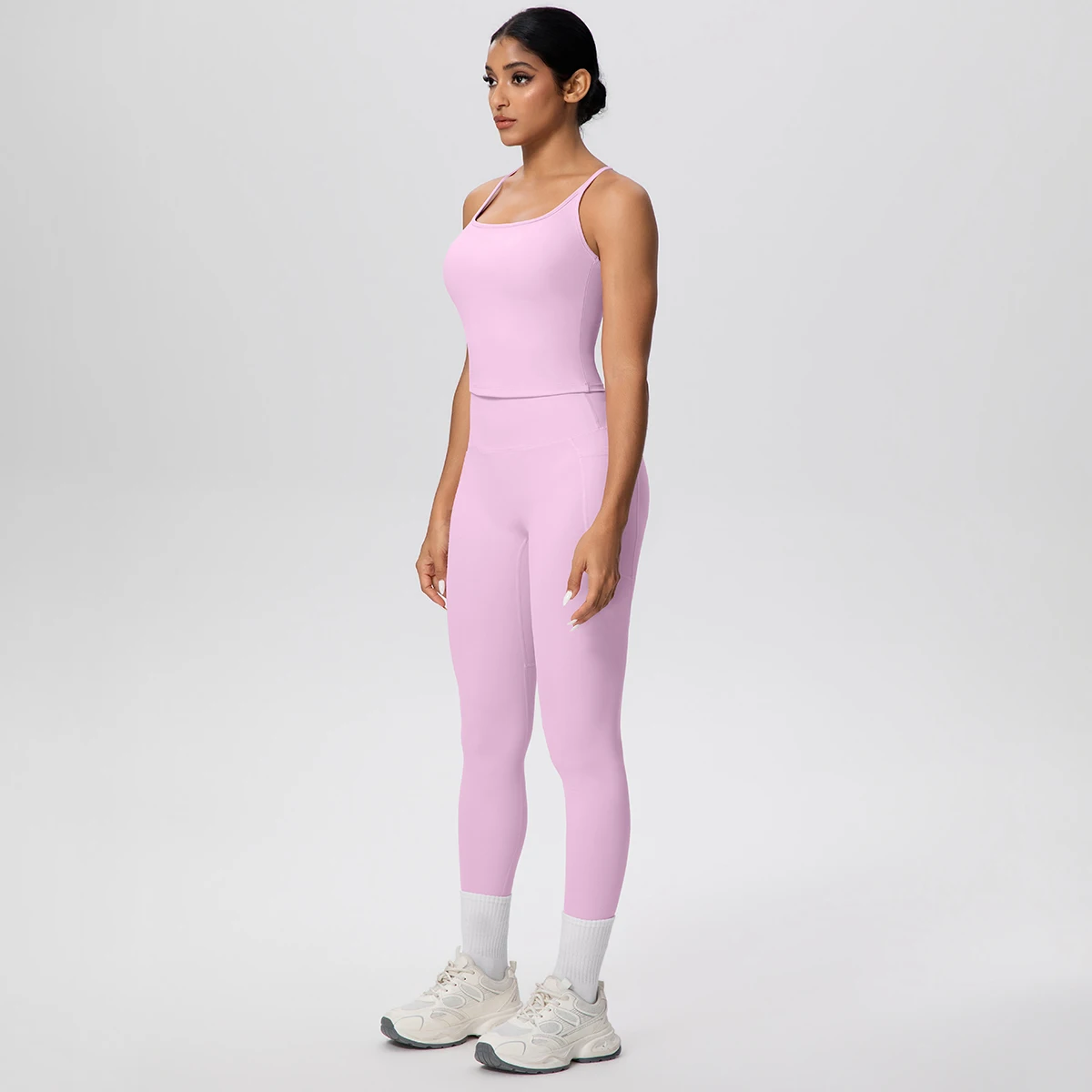 Hamidou Solid Color Fitness Sports Workout Yoga Set Women Backless Thin Shoulder Straps Vest High Waisted Push Up Pockets Pants