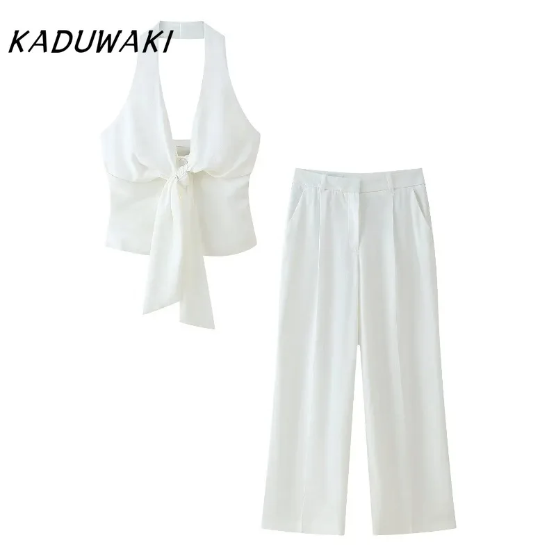 

KADUWAKI Fashion Neck Halter Backless Design Short Top Chic High Waist Side Pocket Zipper Solid Casual Long Pants Two-piece Sets