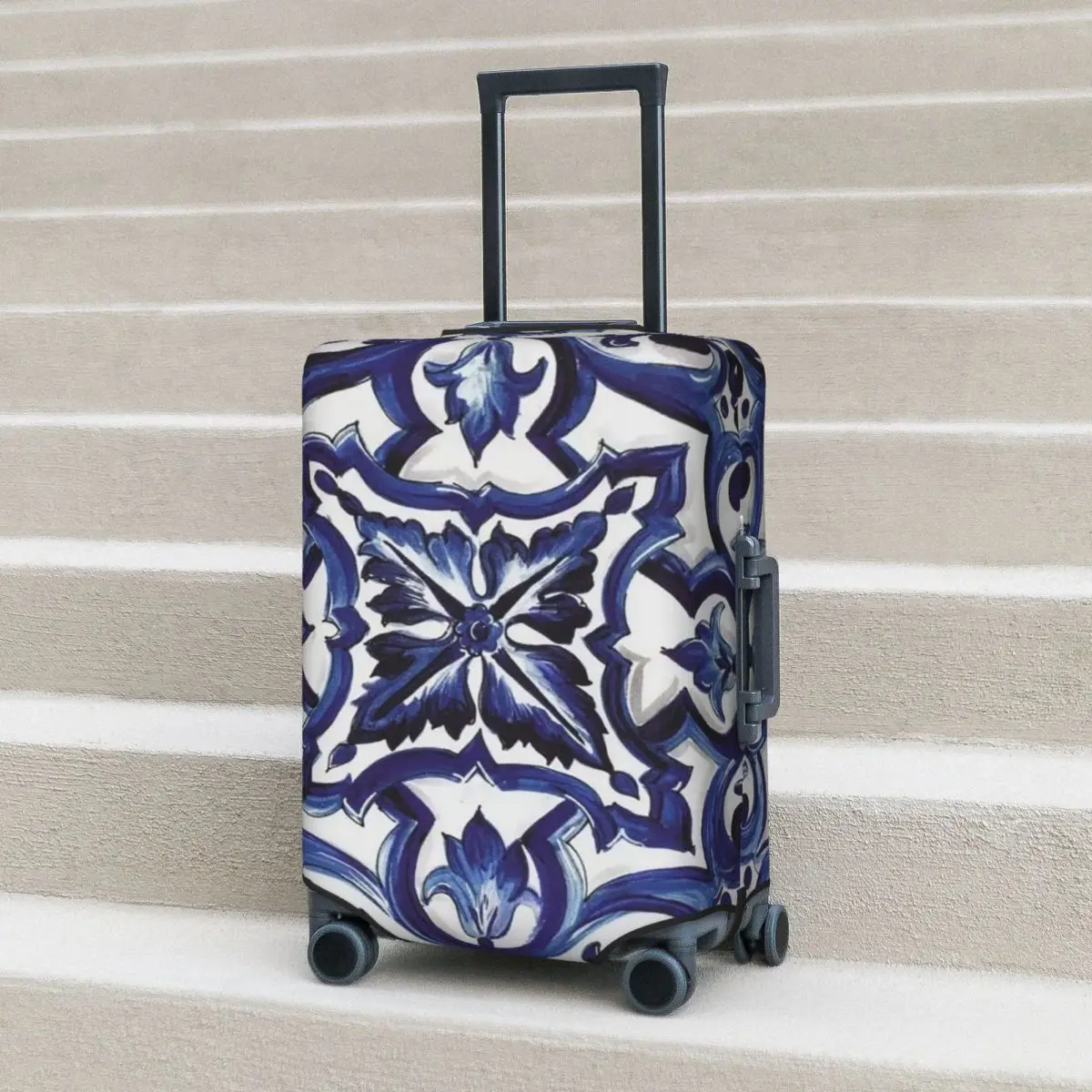 

Blue Ornate Floral Mediterranean Sicilian Tile Suitcase Cover Protection Elastic Trip Luggage Protector Covers for 18-32 Inch