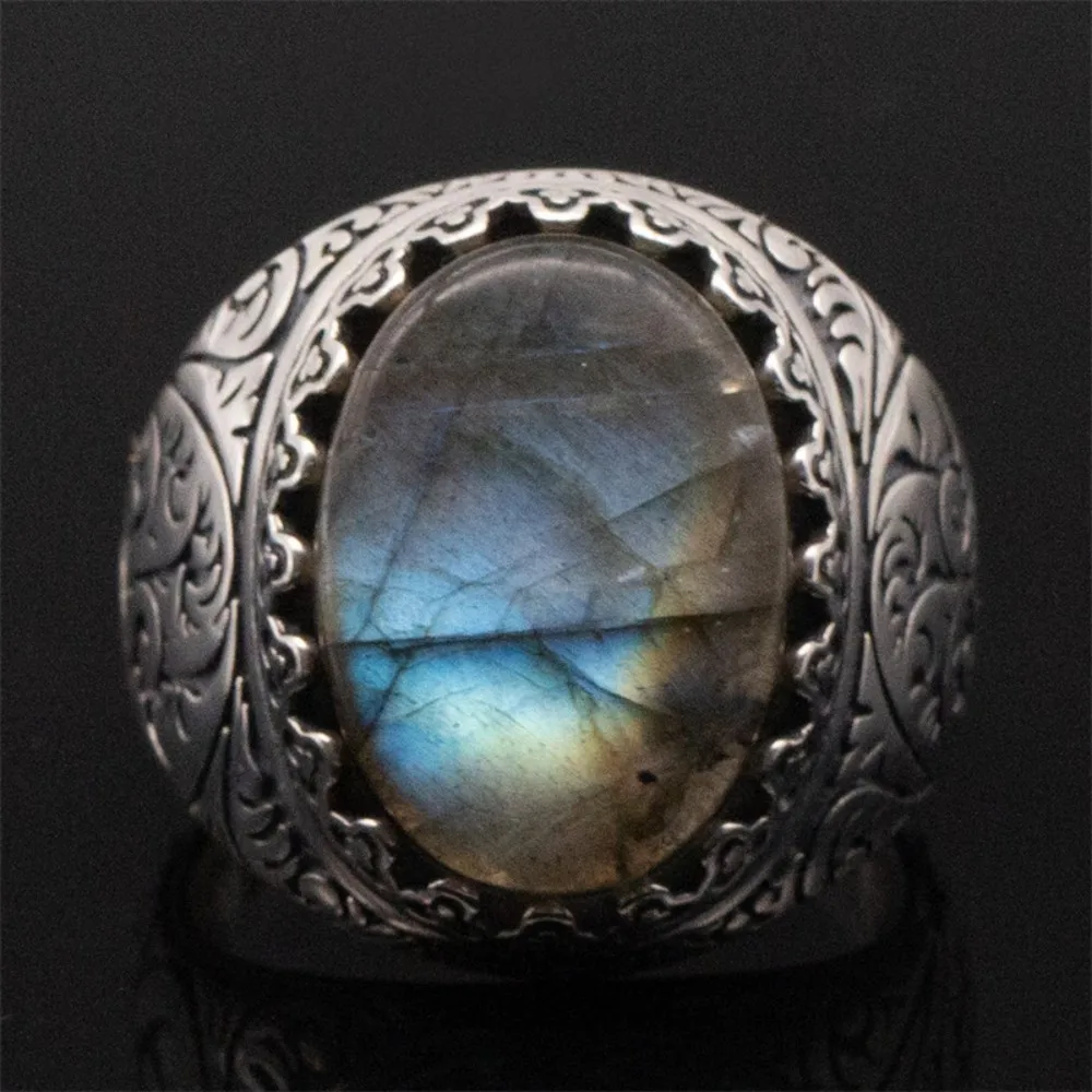 Wholesales Original 925 Sterling Silver Turkish Men Antique Ring Vintage Natural Labradorite Stone Hand Ring