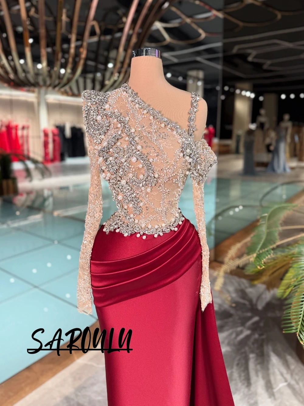 

Burgundy Satin Mermaid Evening Dress Fashion Beaded Lace Crystals Cocktail Gown Luxury Statement Formal Party Wear Customized