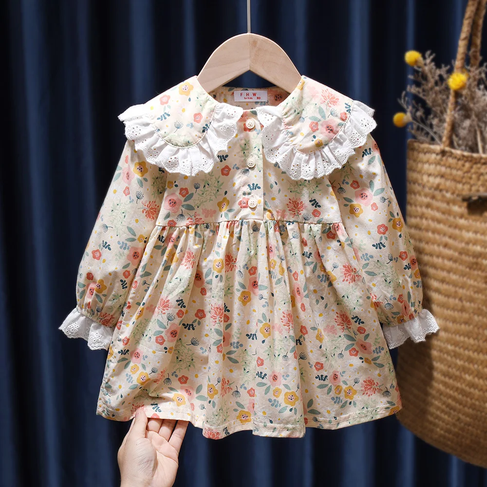 2024 2-8 Year Spring Autumn Children Girls Dress Long Sleeve Floral Fragment Lace Collar Kid Baby Girls Dress Toddler Girl Dress