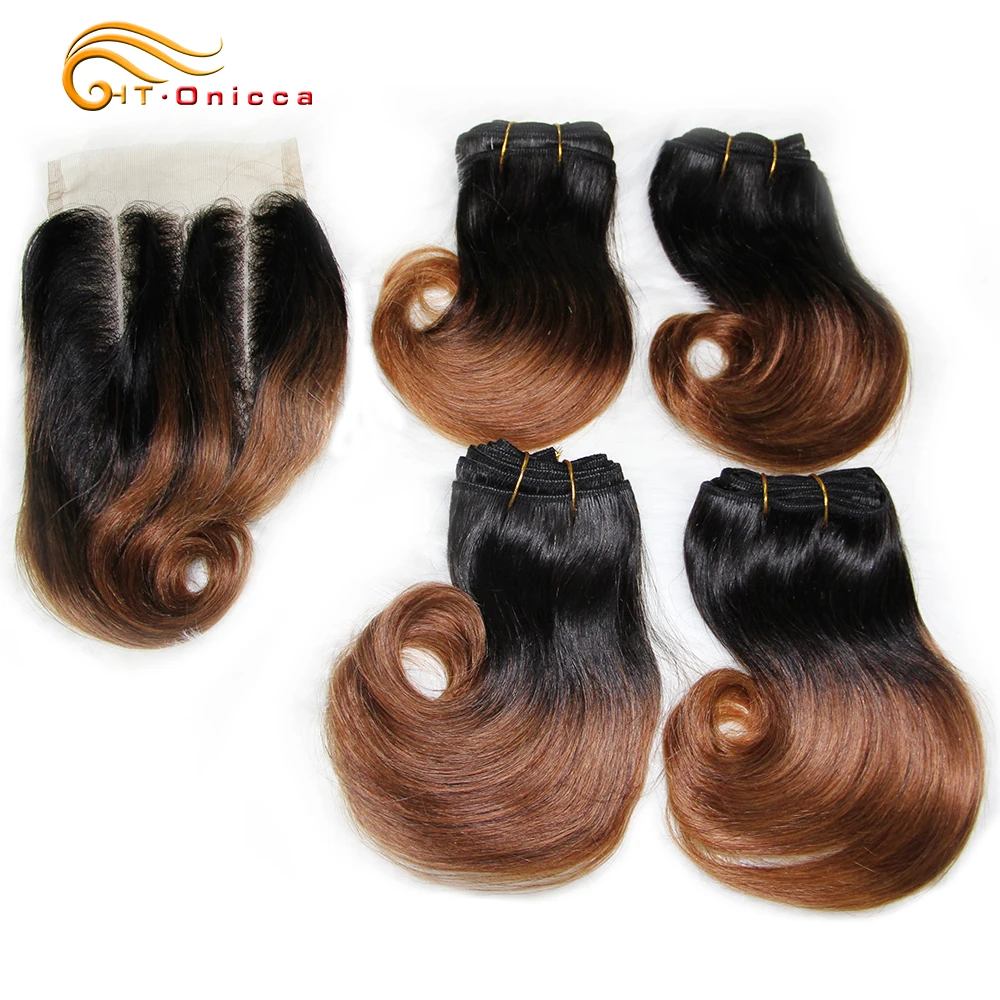 Bouncy Curly Human Hair Bundles with Closure Short Bob Human Hair Weave Extensions 4 Bundles With Closure