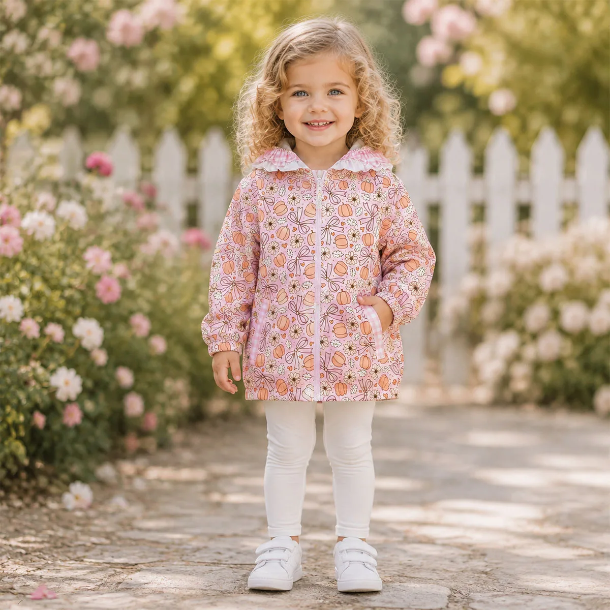 Kids Baby Girl Clothes Jackets Long Sleeve Fall Flower Bow Pumpkins Fall Zipper Pocket Ruffle Hoodie Children Clothing Wholesale