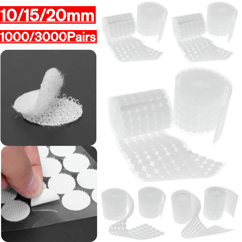 1000/3000 Pairs Adhesive Tape Strong Glue on Tape Fastener 10/15/20mm Double-sided Adhesive Fastener Tape Hooks Disks White