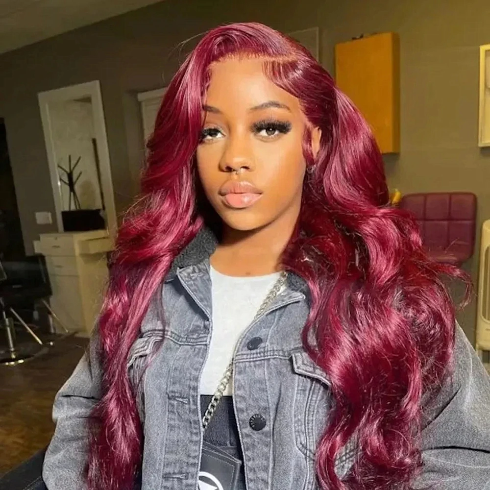 Perruque Lace Front Wig Body Wave pour femmes noires, 99J Bourgogne 13x4 13x6 HD Lace Frmetals Huma Hair Wigs, 100% Rouge Coloré 30 36 pouces