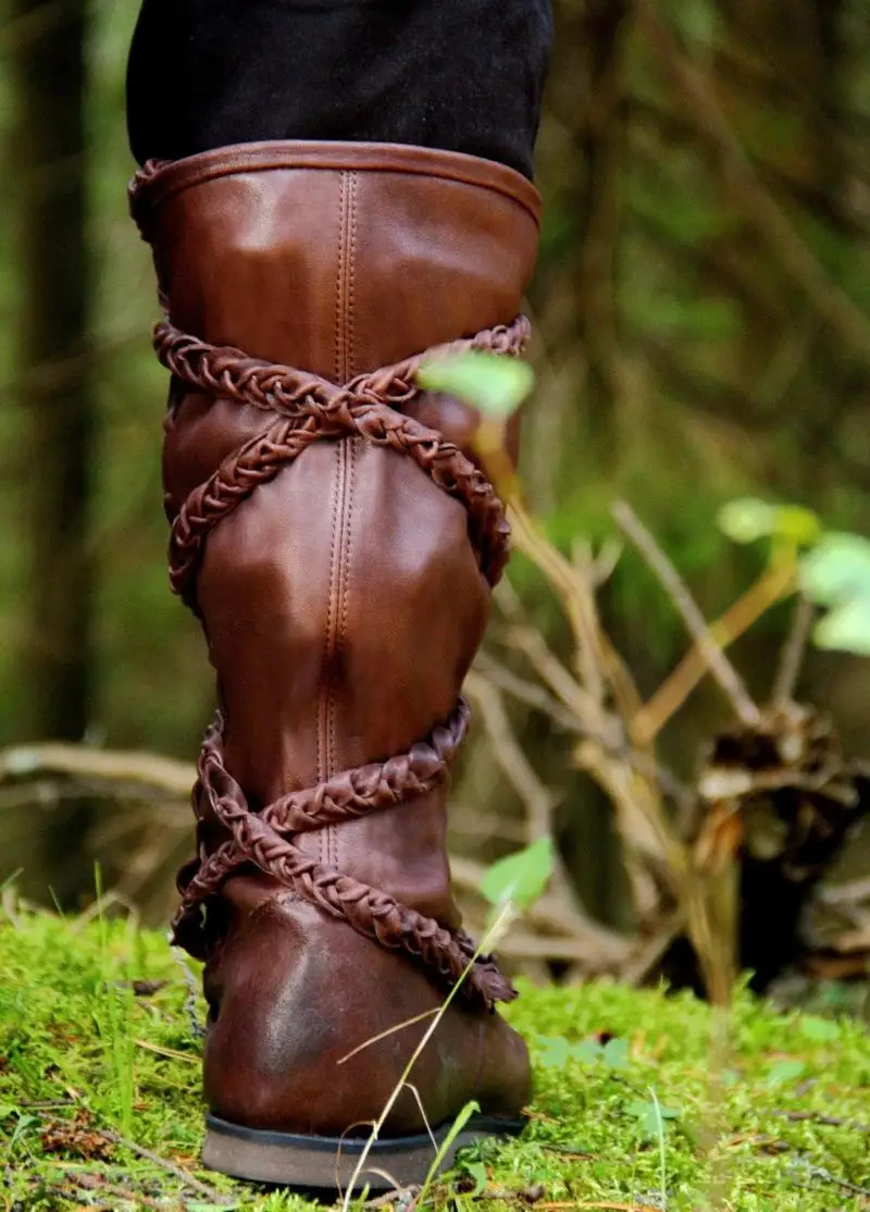 Retro Mittelalterliche Piraten-Cosplay-Stiefel für Männer, Halloween Gothic Bandage Ritterschuhe, Outdoor Geflochtene Schnürstiefel aus PU-Leder bis zur Wadenhöhe – Detail 9