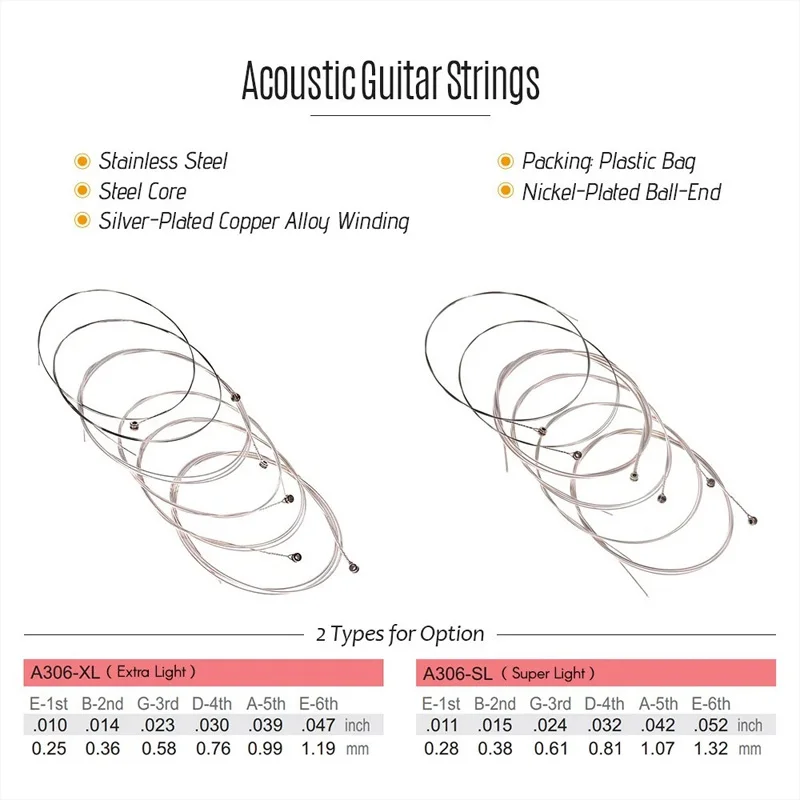 10 Sets Acoustic Guitar Strings Alice A306 Guitar Strings Silver Plated Copper Alloy Wound 010-047 011-052