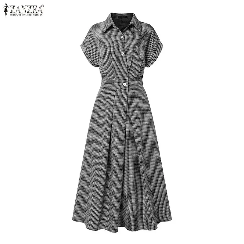 ZANZEA Women Fashion Shirtdress Turn-Down Collar Short Sleeve Half Button Elastic Waist A-Line Maxi Dress Loose Vestidos S-2XL